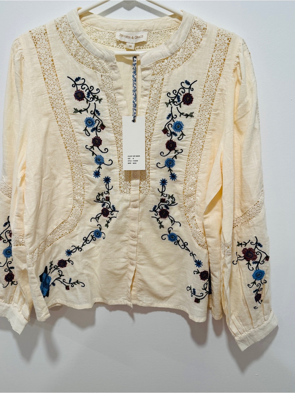 Velvet by Graham & Grace Cream Embroidered Peasant Blouse
